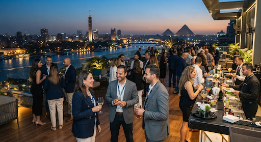 Professionals networking at a rooftop event